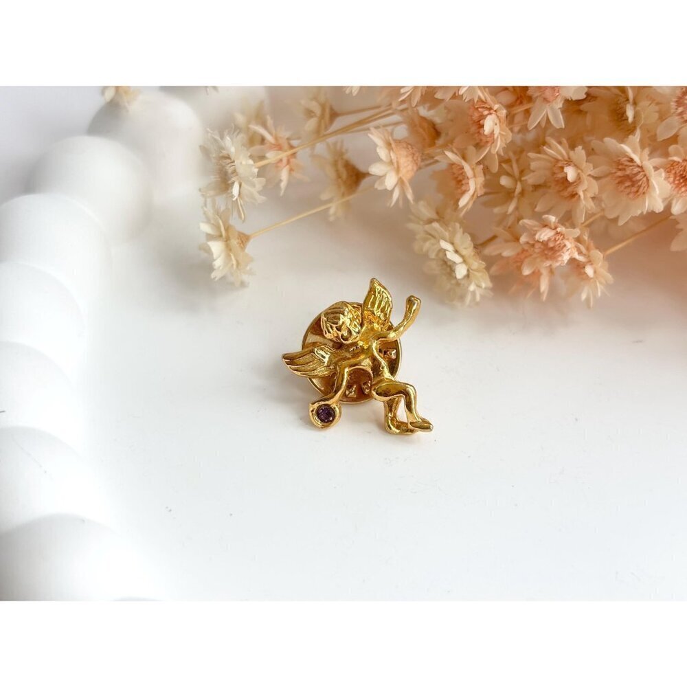 Teeny Tiny Cherub Gold T Purple Rhinestone Angel Figural Vintage Religious Pin - Picture 2 of 10